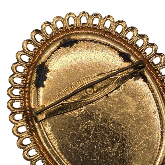 VTG Brooch Gold Tone Black Enamel Floral Cameo Antique Renaissance Granny Pin - Picture 4 of 10